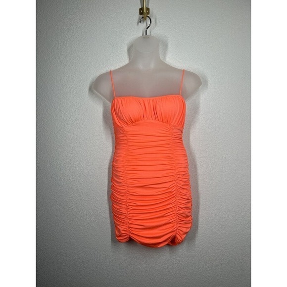 Superdown Medium M Rachelle Mini Dress Ruched Stretch Jersey Neon Pink O… - Picture 1 of 6